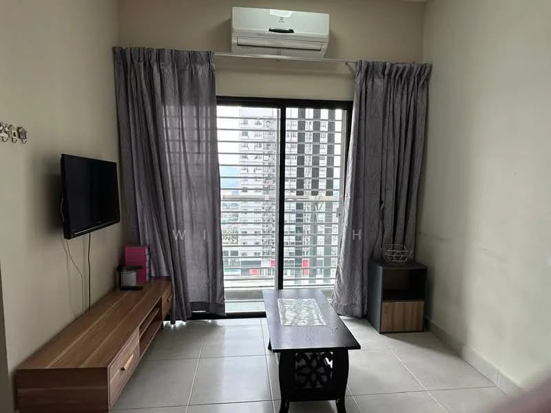 Living features: floor-to-ceiling windows, grey sheer curtains, wooden TV console, wall-mounted TV, coffee table, air conditioning unit, light-colored walls, tile flooring; style: modern; view: city.