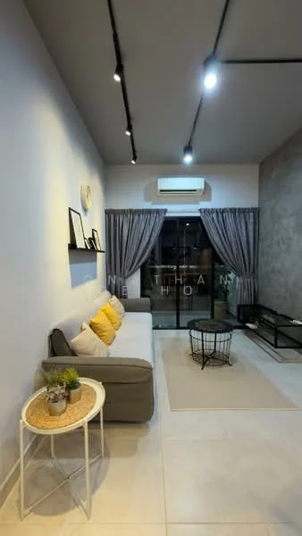 Living features: grey fabric sofa, yellow and white throw pillows, round coffee table with metal base, black TV console, floor-to-ceiling windows, sliding glass door, sheer curtains, blackout curtains, recessed LED downlights, exposed concrete wall, light-colored tile flooring, decorative wall clock, area rug; style: modern; view: garden.
