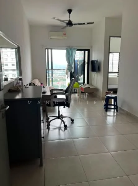 Room features: floor-to-ceiling windows, sliding glass door, white painted walls, tile flooring, ceiling fan, desk with chair, wall-mounted TV, mirror, air conditioning unit, stool; style: modern; view: city.