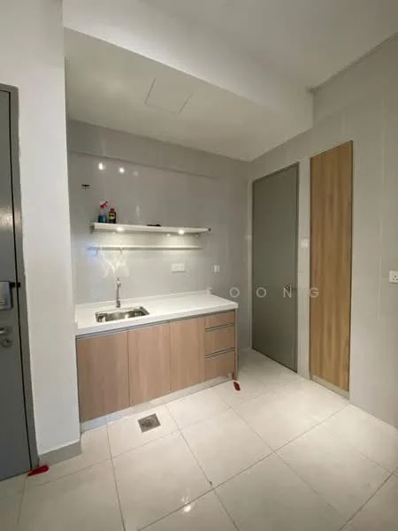Kitchen features: single-bowl stainless-steel sink, chrome pull-down faucet, laminate countertop, white wall cabinets, wood cabinetry, tile backsplash, ceramic tile flooring, recessed LED downlights, wall-mounted shelving, built-in appliances, neutral painted walls; style: modern.