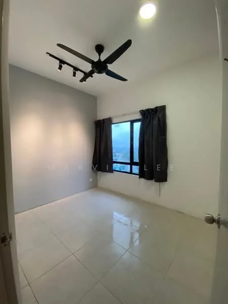Bedroom features: grey accent wall, white painted walls, glossy tile flooring, 5-blade ceiling fan with light, floor-to-ceiling window, blackout curtains, city view, recessed lighting; style: modern; view: city.