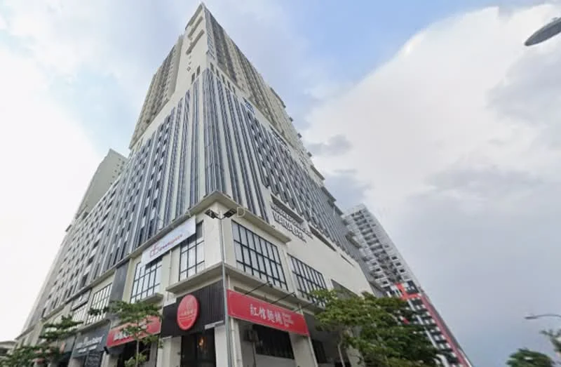Exterior type: high-rise condominium; features: glass curtain wall, vertical fins, projecting balconies, commercial units at ground level, signage on facade, multiple storeys, surrounded by urban landscape; style: modern.