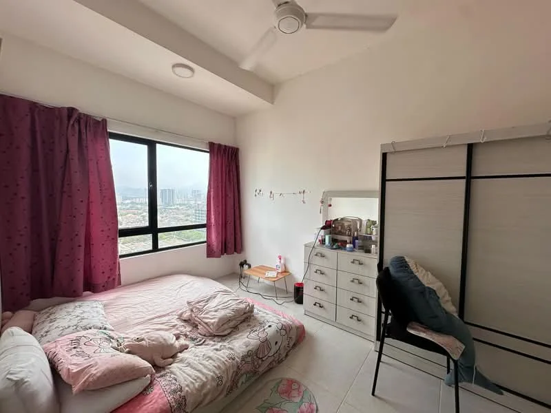 Bedroom features: queen-size bed with floral bedding, floor-to-ceiling window, pink curtains with floral pattern, white painted walls, ceiling fan, mirror on dresser, white dresser with multiple drawers, black chair, light-colored tiled flooring; style: modern; view: city.
