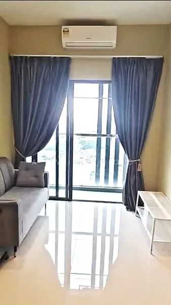 Living features: grey fabric sofa, floor-to-ceiling windows, sheer curtains, blackout curtains, white TV console, wall-mounted split AC, glossy tile flooring, neutral painted walls; style: modern; view: city.