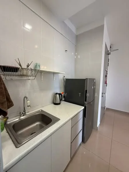 Kitchen features: single-bowl stainless-steel sink, chrome pull-down faucet, white laminate countertop, grey cabinetry, built-in refrigerator, kettle, dish rack, tile backsplash, cream tiled flooring, wall-mounted shelves; style: modern.