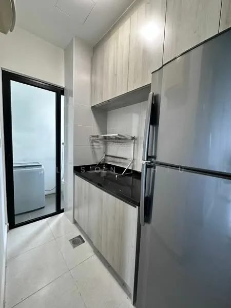 Kitchen features: light wood cabinetry, black granite countertop, stainless-steel fridge, stainless-steel sink, wall-mounted dish rack, white tiled walls, ceramic tile flooring, built-in washing machine, sliding glass door to laundry area; style: modern.