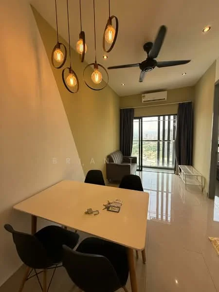 Living features: dining table with four chairs, 3-blade ceiling fan, pendant lighting with multiple bulbs, sliding glass door, floor-to-ceiling windows, grey fabric sofa, white wall, cream accent wall, polished tile flooring, air conditioning unit; style: modern; view: garden.