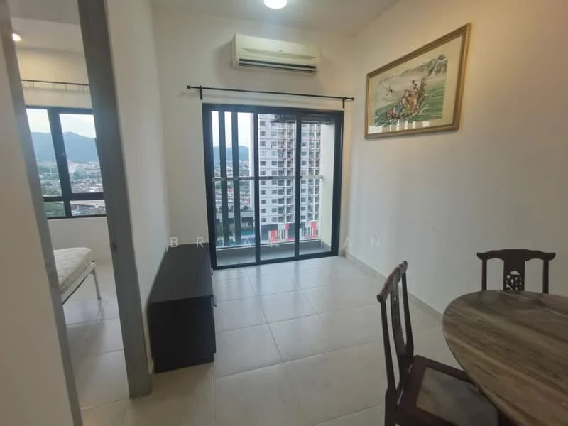 Living features: floor-to-ceiling windows, sliding glass door, white painted walls, tile flooring, air conditioning unit, dining table, wooden dining chairs, TV console, mountain view; style: modern; view: mountain. Room features: bed, white painted walls, tile flooring.