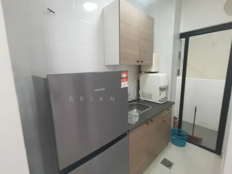 Kitchen features: grey cabinetry, black countertop, stainless-steel fridge, sink with faucet, wall-mounted cabinets, tile backsplash, white tiled walls, marble tile flooring, window, cleaning supplies visible; style: modern.