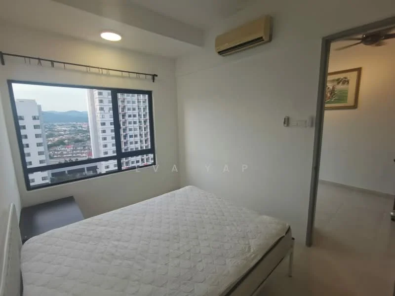 Bedroom features: queen-size bed, white bedding, floor-to-ceiling window, city view, 1 wall-mounted split AC, light fixture in ceiling, white painted walls, light-colored tile flooring, desk or table, curtain rod with no curtains; style: modern; view: city.