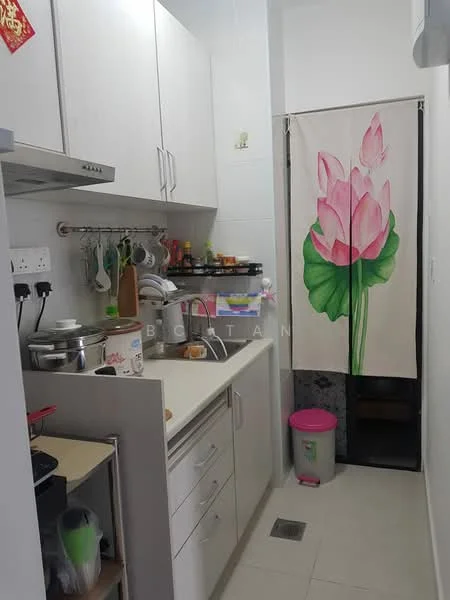 Kitchen features: white cabinetry, laminate countertop, single-bowl stainless-steel sink, chrome pull-down faucet, built-in stove, wall-mounted range hood, ceramic tile flooring, refrigerator, decorative wall art with lotus flower, open shelving, kitchen utensils hanging, trash bin, pink storage container; style: modern.