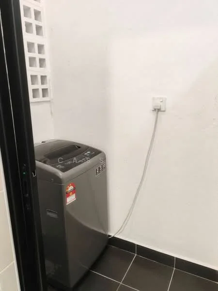 Laundry features: top-load washing machine in silver, white painted walls, black tile flooring, electrical outlet, ventilation grille.