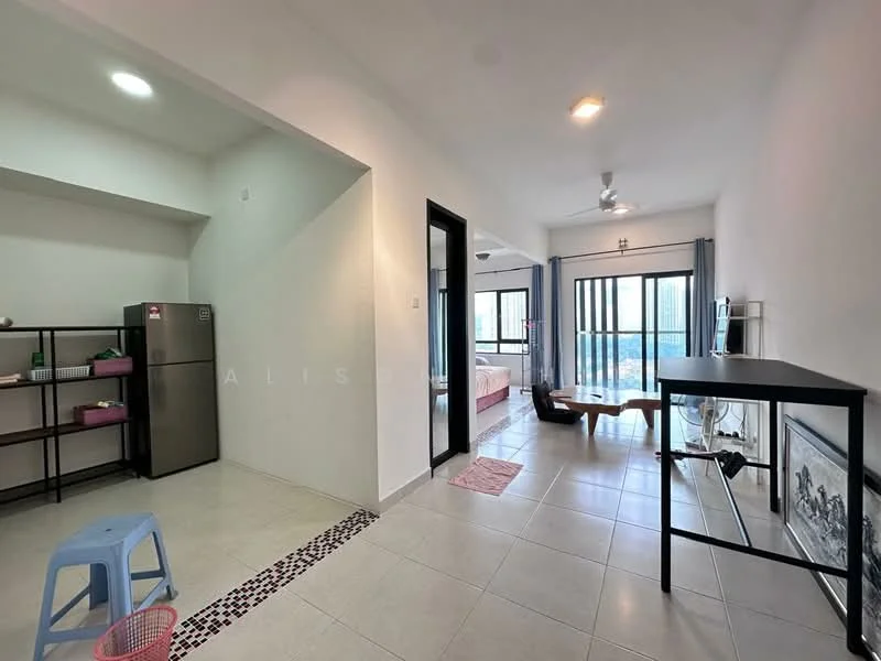 Living features: floor-to-ceiling windows, sliding glass door, 5-blade ceiling fan with light, wall-mounted TV, sofa, coffee table, area rug, tile flooring, white painted walls; style: modern; view: city. Kitchen features: stainless-steel fridge, open shelving, tile flooring, white painted walls; style: modern.