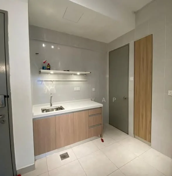Laundry features: single-bowl stainless-steel sink, chrome pull-down faucet, light wood cabinetry, white countertop, grey tiled walls, white tiled flooring, shelf with under-cabinet lighting, door to adjacent room; style: modern.