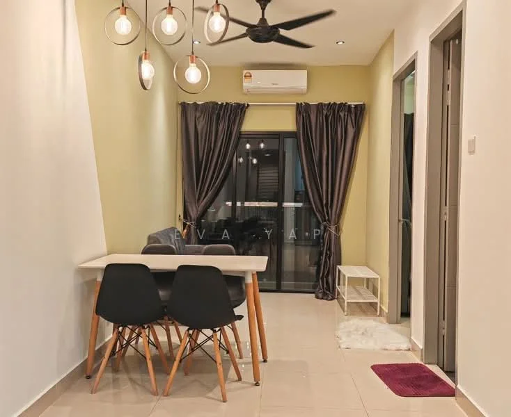 Dining features: 4-seater dining table with white top, black plastic dining chairs with wooden legs, cream painted walls, sliding glass door leading to balcony, floor-to-ceiling curtains in dark grey, recessed downlights, ceiling fan with light, air conditioning unit mounted on wall, tile flooring in light beige, decorative rug in white, small white shelf unit, door leading to hallway; style: modern.