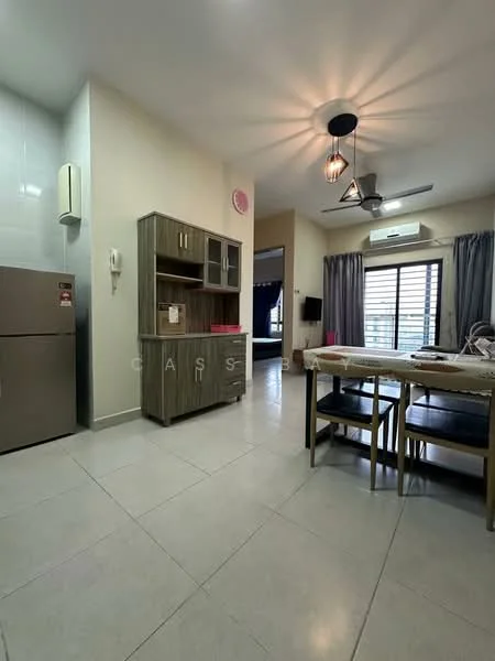 Room features: grey ceramic tile flooring, white painted walls, ceiling fan with light, refrigerator, wooden storage cabinet, dining table with chairs, window with curtains, air conditioning unit; style: modern.