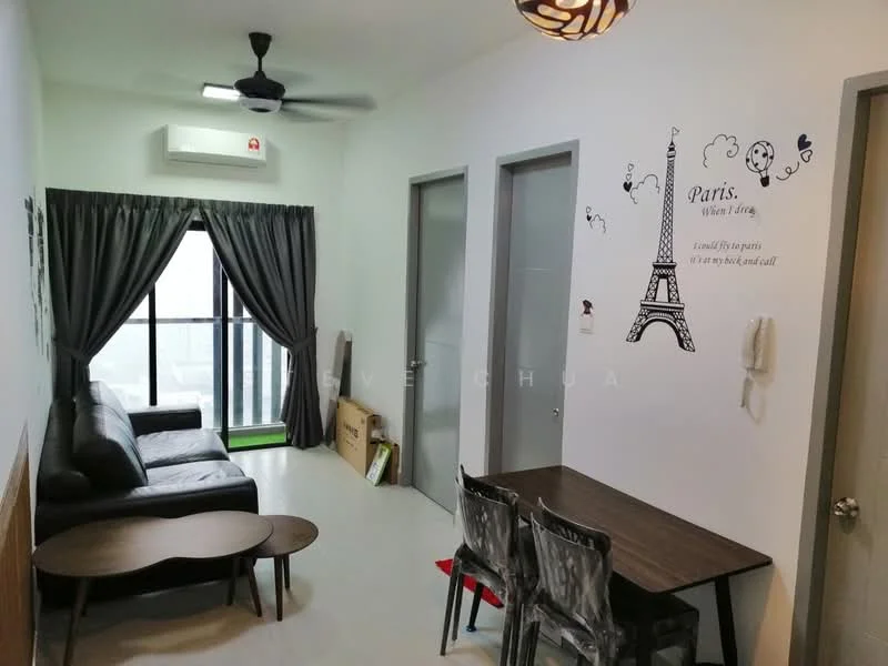 Living features: 3-seater fabric sofa in black, coffee table, wall-mounted TV, floor-to-ceiling windows, sliding glass door, curtains in grey, ceiling fan, recessed downlights, decorative wall art, wood panel accent wall, laminate flooring, air conditioning unit; style: modern; view: city. Dining features: 4-seater dining table, transparent dining chairs, wall-mounted intercom, decorative wall art; style: modern.