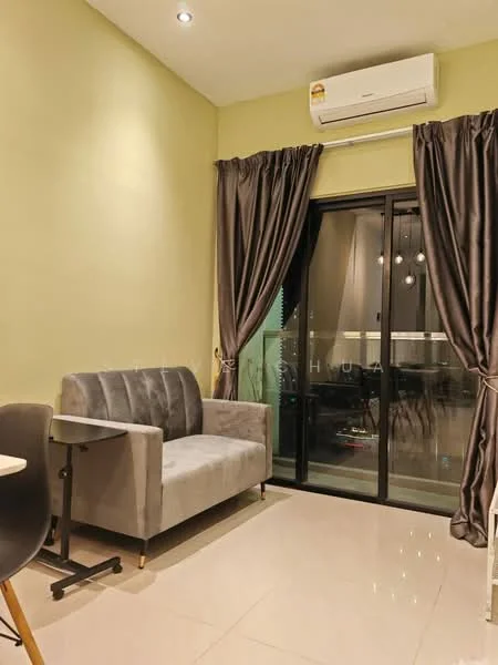 Living features: grey fabric sofa, black side table, floor-to-ceiling sliding glass door, sheer curtains, dark grey curtains, recessed downlights, cream painted walls, glossy tile flooring, wall-mounted split AC; style: modern; view: city.