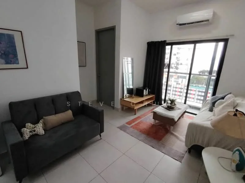 Living features: grey fabric 3-seater sofa, white upholstered sofa, coffee table, TV console, wall-mounted TV, area rug, floor-to-ceiling windows, sliding glass door, curtains, air conditioning unit, decorative artwork, lampshade, light-colored walls, tile flooring; style: modern; view: city.