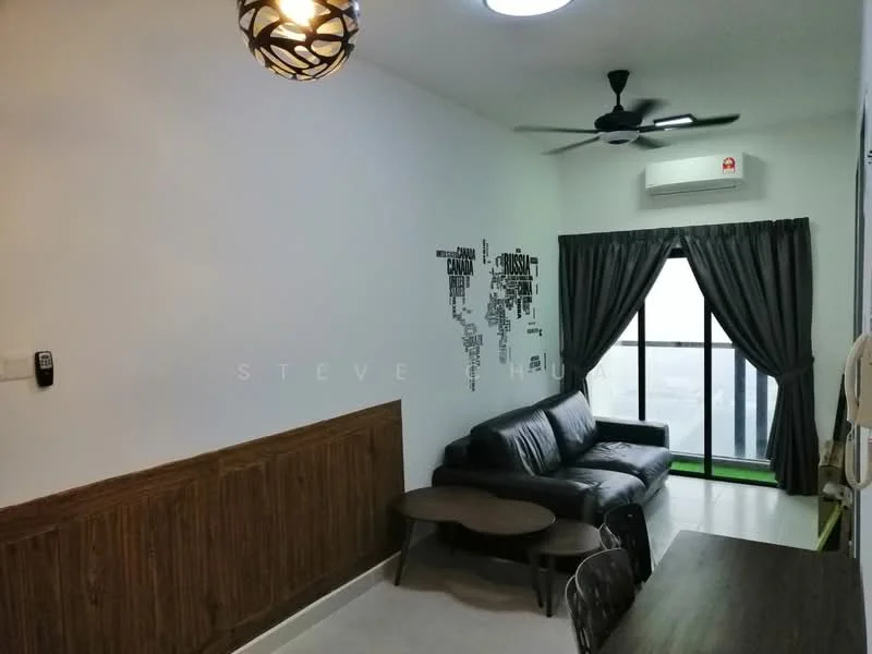 Living features: 3-seater leather sofa in black, round coffee table, wall-mounted TV, 5-blade ceiling fan, recessed downlights, floor-to-ceiling windows, blackout curtains, wood paneling on lower wall, air conditioning unit, decorative wall art; style: modern; view: city.