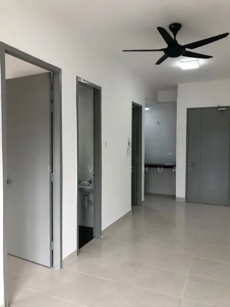 Room features: light grey painted walls, light grey doors, white ceiling, 5-blade ceiling fan, tile flooring, doorway to bathroom, doorway to room, doorway to utility area; style: modern.
