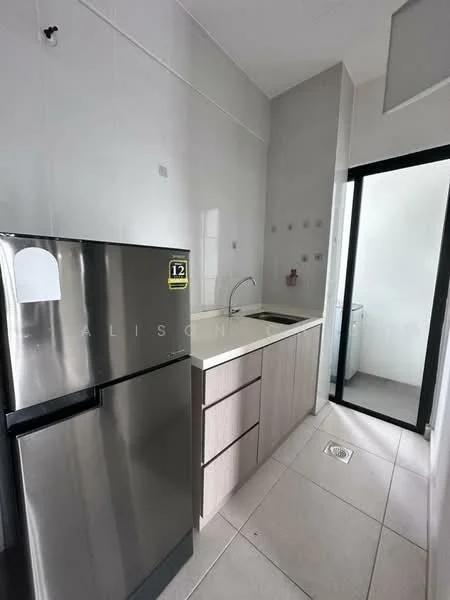 Kitchen features: stainless-steel fridge, single-bowl stainless-steel sink, chrome pull-down faucet, laminate cabinetry in light wood finish, white tiled walls, grey tiled flooring, countertop with integrated sink, window for natural light, open layout, space for washing machine; style: modern.