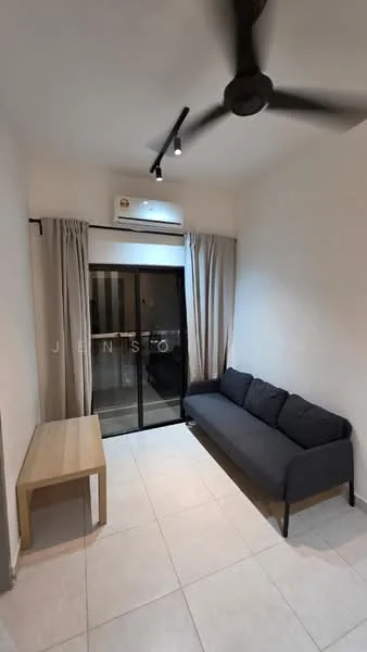 Living features: 3-seater fabric sofa in dark grey, wooden coffee table, floor-to-ceiling sliding glass door, sheer curtains, wall-mounted split AC, recessed LED downlights, light-coloured tile flooring, white painted walls, ceiling fan; style: modern.
