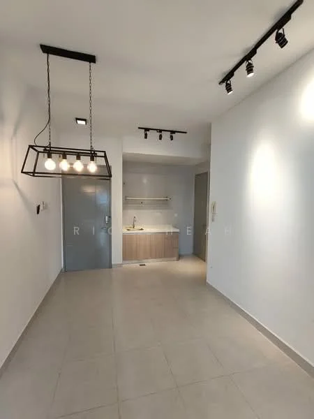 Room features: grey tiled flooring, white painted walls, recessed downlights, pendant light fixture with multiple bulbs, open kitchen area, wood cabinetry, shelf above countertop, kitchen countertop, single-bowl sink, wall-mounted faucet; style: modern.