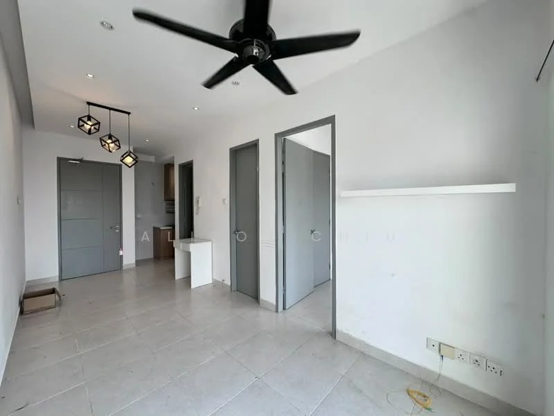 Room features: white painted walls, tile flooring, 5-blade ceiling fan, recessed downlights, hanging pendant lights, doorway to adjacent rooms, open space layout, baseboard trim; style: modern.