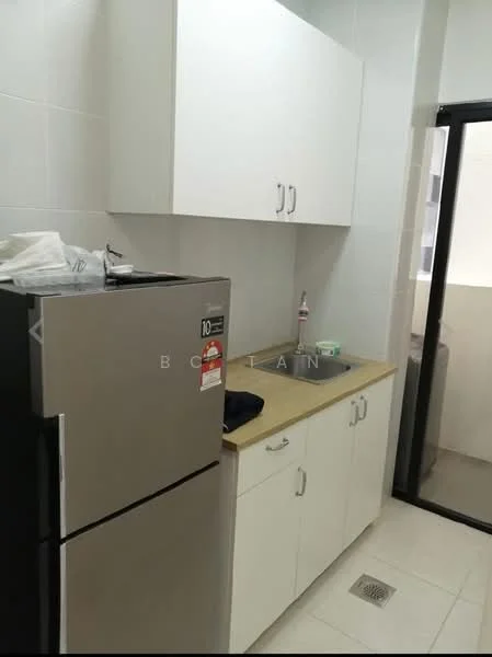 Kitchen features: stainless-steel fridge, white upper cabinets, laminate countertop, white lower cabinets, single-basin sink, tile backsplash, ceramic tile flooring, window, kitchen utensils on countertop; style: modern.