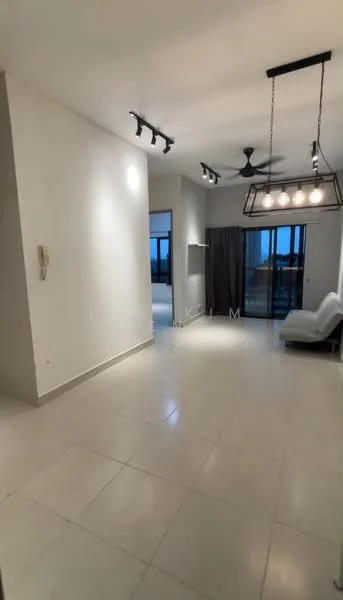 Living features: white painted walls, tile flooring, 5-blade ceiling fan with light, recessed downlights, large sliding glass door, floor-to-ceiling windows, curtains, chandelier, sofa, area rug; style: modern; view: city.
