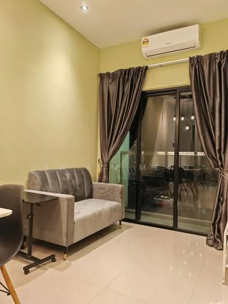 Living features: grey fabric 2-seater sofa, black side table, floor-to-ceiling sliding glass door, sheer curtains, dark grey blackout curtains, recessed downlights, cream painted walls, glossy tile flooring, wall-mounted split AC; style: modern; view: city.