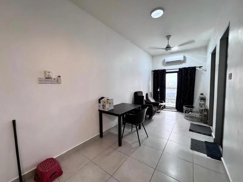 Living features: white painted walls, tile flooring, 5-blade ceiling fan with light, floor-to-ceiling window, blackout curtains, dining table with chairs, 2 armchairs, air conditioning unit, decorative wall-mounted shelf, laundry basket, doorway leading to another room; style: modern; view: city.