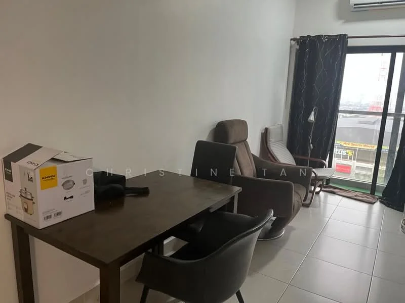 Living features: grey painted walls, tile flooring, large window with city view, blackout curtains, wooden dining table, black chair, brown armchair, side table, air conditioning unit; style: modern; view: city.