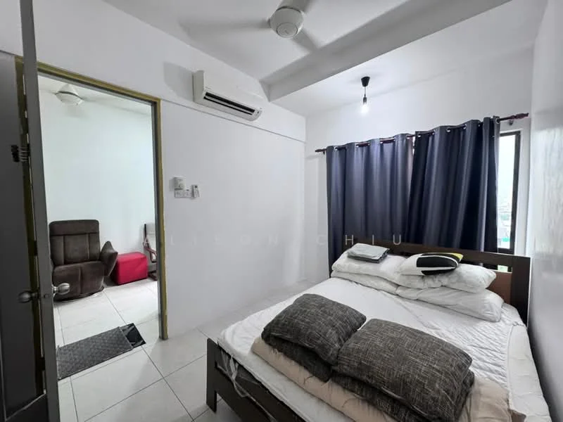 Bedroom features: queen-size bed, white bedding, two grey throw pillows, white walls, tile flooring, 1 wall-mounted split AC, blackout curtains, ceiling light fixture, window with city view, wooden bed frame; style: modern; view: city. Room features: recliner chair, red chair, door leading to another room, grey mat at entrance.