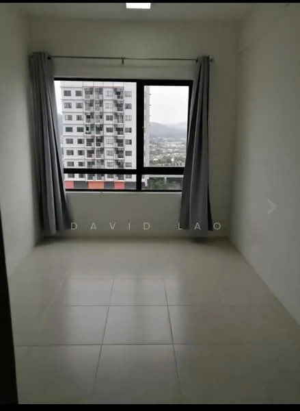 Room features: white painted walls, tile flooring, floor-to-ceiling window, grey curtains, city view; view: city.