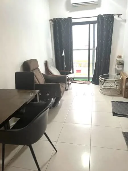 Living features: brown leather armchair, grey fabric chair, wooden dining table, black dining chairs, floor-to-ceiling windows, black curtains, air conditioning unit, tile flooring, decorative rug, glass coffee table, wooden side table; style: modern.