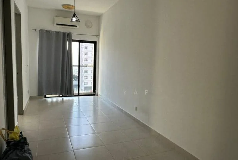 Room features: white painted walls, tile flooring, floor-to-ceiling windows, sliding glass door, grey curtains, 1 wall-mounted split AC, ceiling light fixture, light-colored ceiling; style: modern.