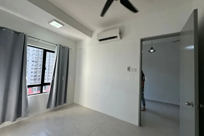Room features: light grey walls, tile flooring, 5-blade ceiling fan, wall-mounted split AC, floor-to-ceiling window, grey curtains, door to hallway, recessed ceiling lights; style: modern; view: city.