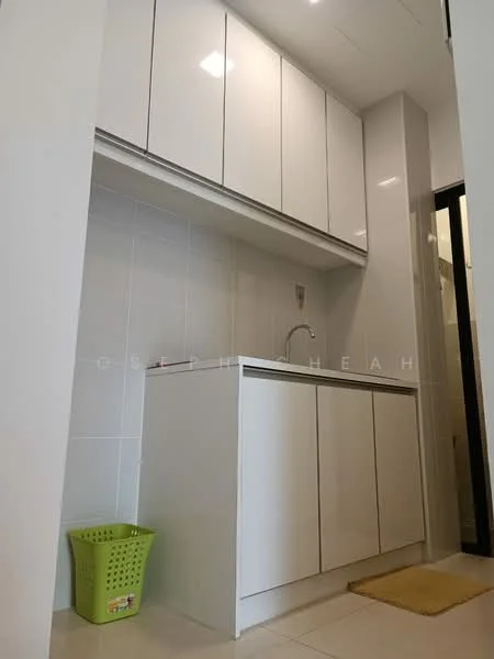 Laundry features: white cabinetry with flat-panel doors, single-bowl stainless-steel sink, chrome pull-down faucet, white tiled walls, light-colored flooring, green plastic laundry basket, beige bath mat; style: modern.