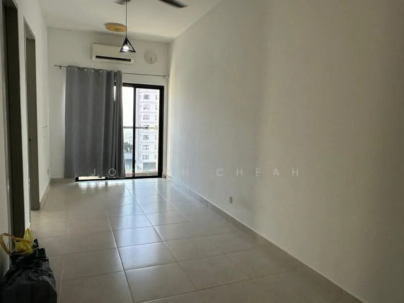 Room features: white painted walls, tile flooring, sliding glass door, floor-to-ceiling windows, grey curtains, ceiling fan, air conditioning unit, light fixture on ceiling; style: modern; view: city.