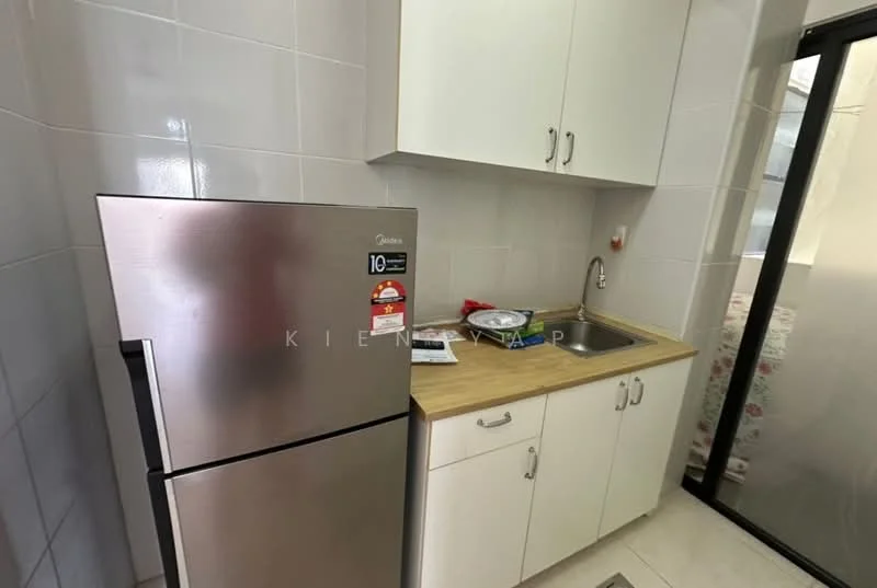 Kitchen features: stainless-steel fridge, single-bowl stainless-steel sink, chrome pull-down faucet, laminate countertop, white cabinetry, wall tiles in light grey, floor tiles in white, window with glass panel, kitchen cabinet with handle; style: modern.
