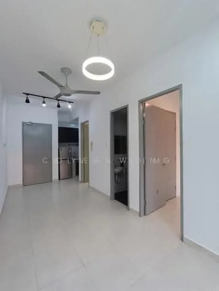 Room features: white painted walls, tile flooring, ceiling with recessed lighting, 5-blade ceiling fan, door to bathroom, door to kitchen, door to hallway, neutral color scheme; style: modern.