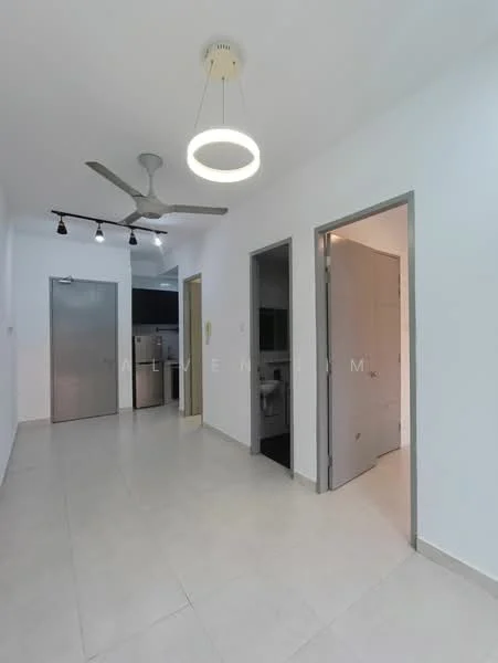 Room features: white painted walls, tile flooring, 5-blade ceiling fan with light, recessed downlights, doorway leading to kitchen, doorway leading to bathroom, open layout, neutral color scheme; style: modern.