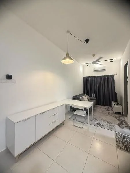 Living features: white painted walls, marble tile flooring, 5-blade ceiling fan with light, pendant light, sofa in grey, coffee table, area rug, curtains in dark grey, wall-mounted air conditioning unit, built-in cabinetry with drawers; style: modern.