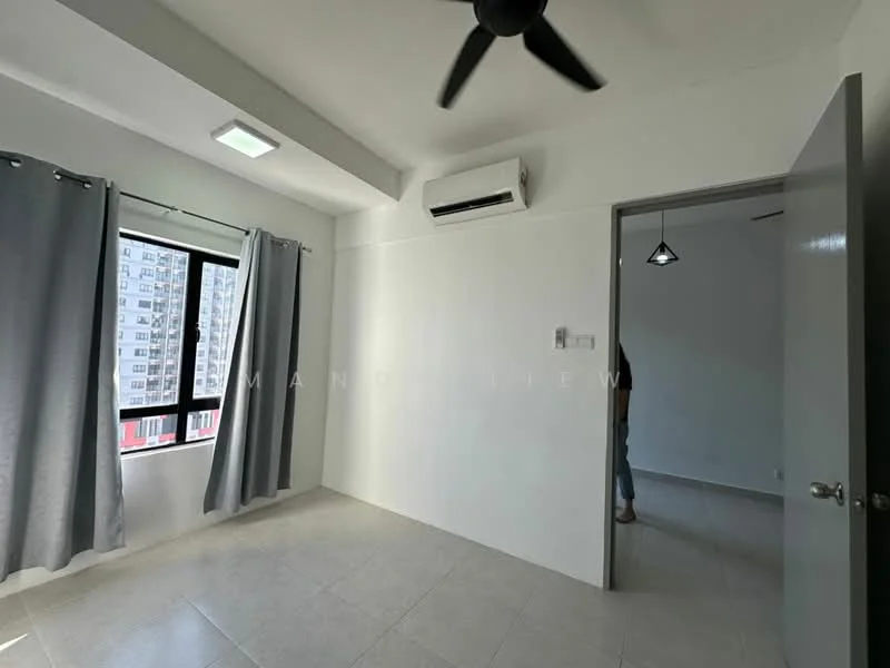 Room features: light grey walls, white ceiling, tile flooring, floor-to-ceiling window, blackout curtains, 1 wall-mounted split AC, ceiling fan, door to adjacent room; style: modern; view: city.