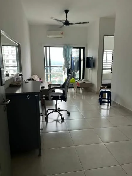 Room features: white painted walls, tile flooring, ceiling fan, large window with city view, desk with chair, wall-mounted TV, mirror, air conditioning unit; style: modern; view: city.