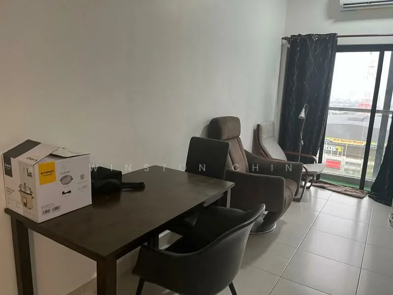 Room features: grey painted walls, tile flooring, large window with city view, air conditioning unit, wooden dining table, black dining chair, grey armchair, cardboard box, floor-to-ceiling curtains; style: modern; view: city.