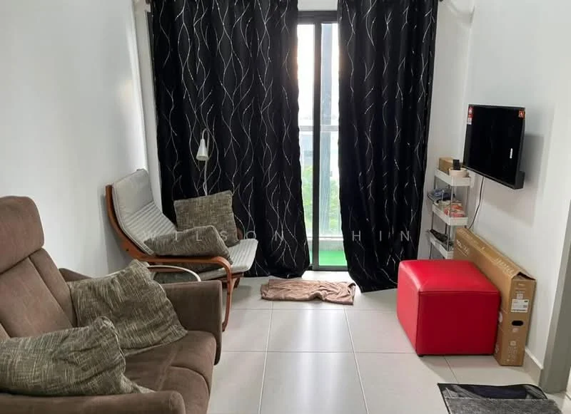 Living features: brown fabric 2-seater sofa, wooden armchair with cushions, black curtains with white pattern, floor-to-ceiling windows, white walls, light grey tile flooring, wall-mounted TV, red ottoman, small shelving unit, decorative throw pillows, area rug; style: modern; view: garden.