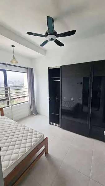 Bedroom features: single bed frame, mattress, black wardrobe with sliding doors, ceiling fan with 5 blades, large window with sheer curtains, light fixture, white painted walls, tile flooring; style: modern; view: city.